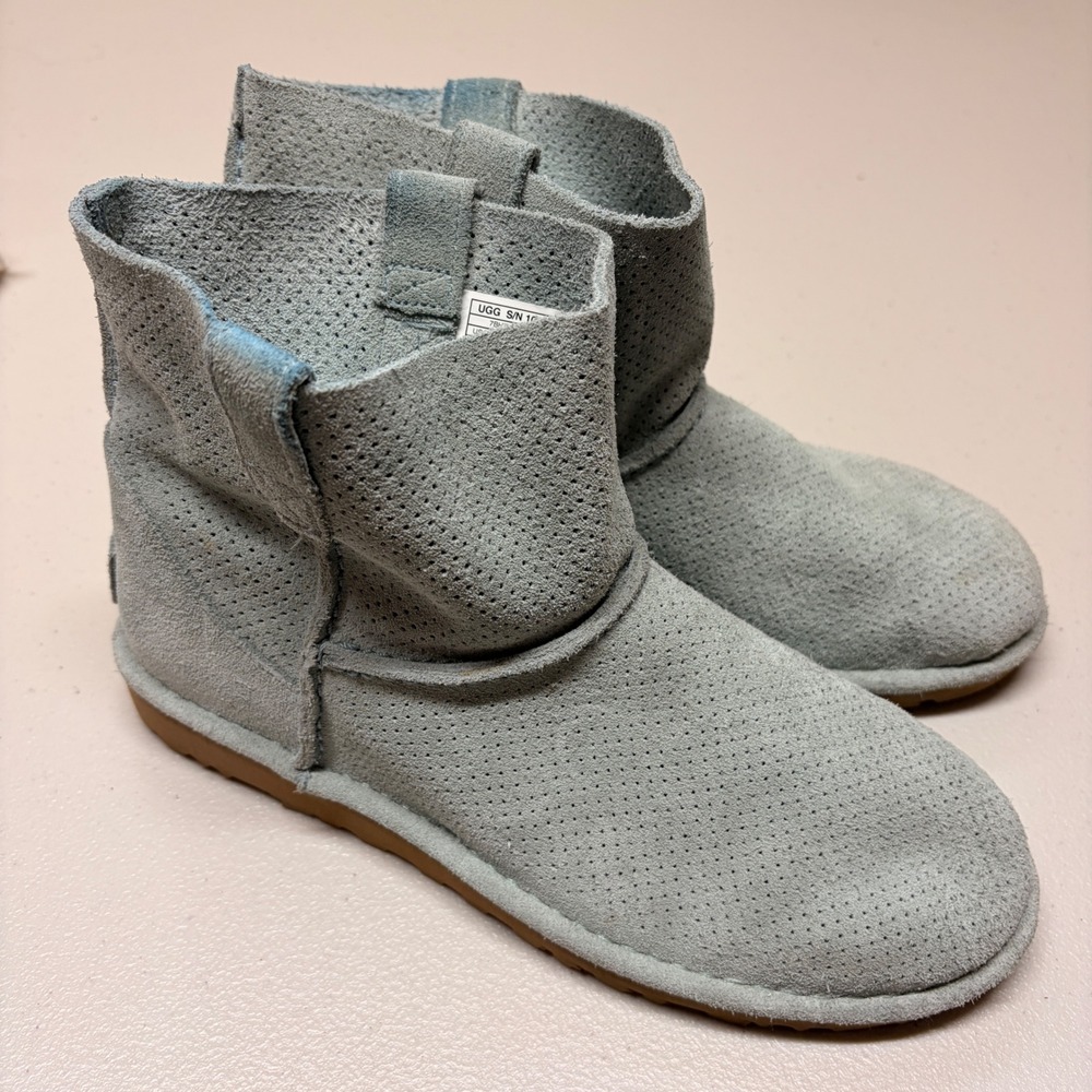 UGG Classic Unlined Suede Mini Perf Boots Size 8 Blue Green Boho Transitional
